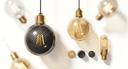 Set of Edison style light bulbs with carbon fiber and gold finishes, vintage design, studio lighting with soft shadows, idea and innovation concept