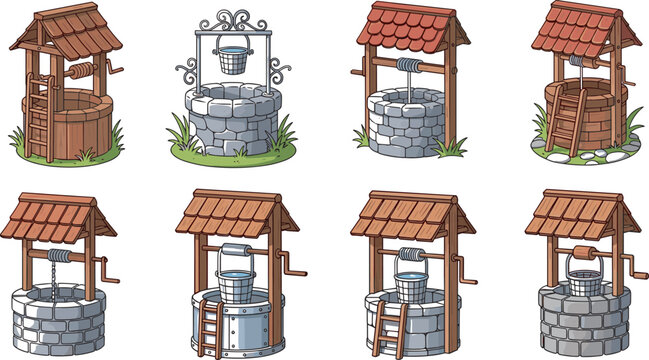 Set of Traditional Old Water Wells with Wooden Roofs and Stone Bases Featuring Buckets and Pulleys for Rural Village Design,