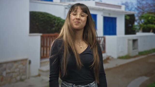 Woman wearing glasses and necklace points finger with a casual stance on street near a white building and blue door, long hair framing face; playful confidence.