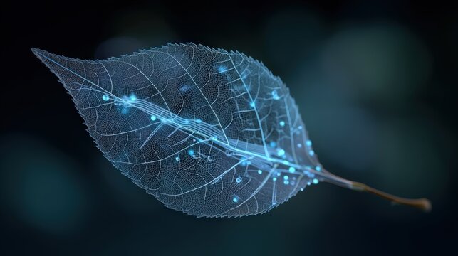 A detailed, translucent leaf with visible veins illuminated by a blue digital network pattern against a dark, blurred background, Physical World Fusion AI technology