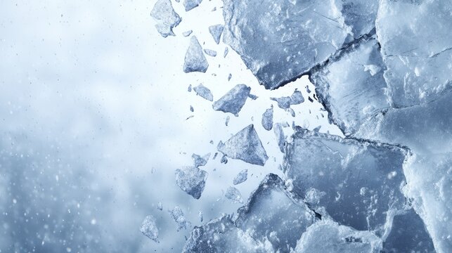 Close-up image of cracked ice with fragmented pieces against a blurred snowy background, Physical World Fusion AI technology