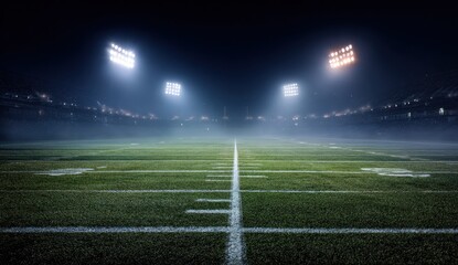 Fototapeta premium American football field at night during illumination with bright stadium lights and green turf