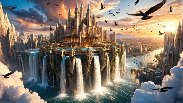 Fantastische Schlossstadt mit Wasserf&auml;llen