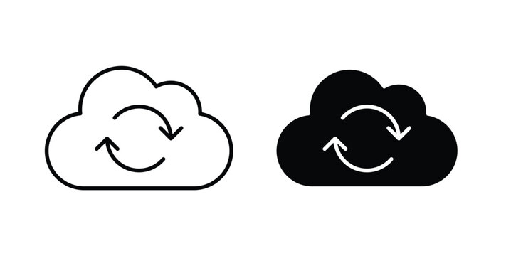 Cloud sync icon in black and white color. Solid and linear icons