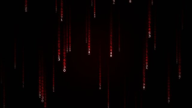 Digital rain of red glowing binary code streams cascading downwards in a dark void, representing futuristic technology, data flow, artificial intelligence, and cybernetic systems