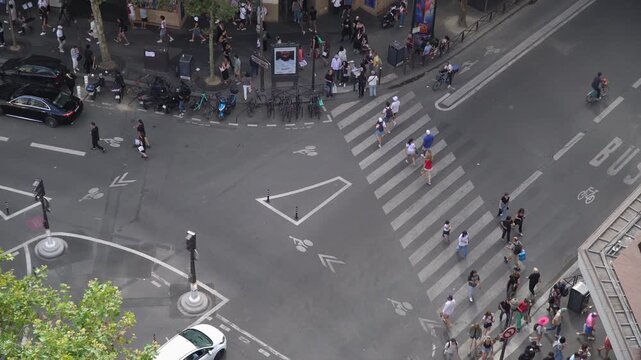 High angle view of the busy street crossing at Place Diaghilev in Paris, France.