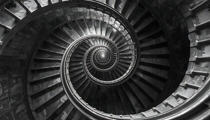Fototapeta premium A dramatic black and white overhead view of an old winding spiral staircase creating a captivating abstract architectural pattern.