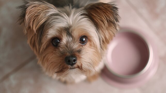 Small dog with fluffy fur sitting on floor beside empty food bowl, curious and alert