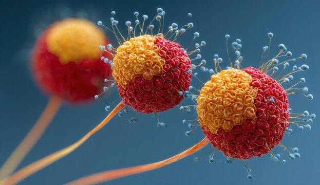 Close-animated movie macro shot of three tiny, colorful bio-organic spherical particles with textured surfaces and delicate hair-like filaments protruding, set against a blue background