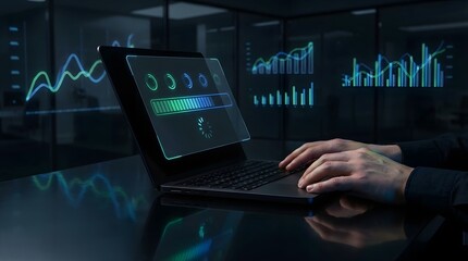 Fototapeta premium Close up of a person using a laptop in a dark office environment with glowing holographic data dashboard and loading bar interface display.