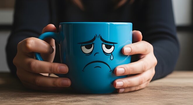 Hands holding a blue ceramic mug featuring a hand-drawn sad crying emoji face illustrate a feeling of deep depression.