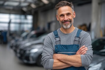 Obraz premium Smiling male mechanic with short gray hair and beard in blue overalls standing confidently with arms crossed in an automotive repair garage