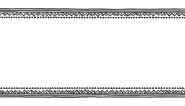 A clean white background is framed by intricate hand-drawn black tribal and geometric patterned borders at the top and bottom.