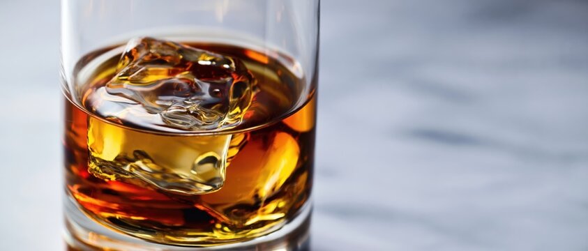 Whiskey on the rocks in a clear glass on marble, close-up with copy space.