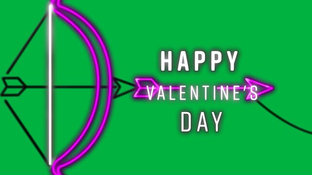 Powering neon bow, cyan arrow drawing, releasing, marking VALENTINE'S sign on clear background