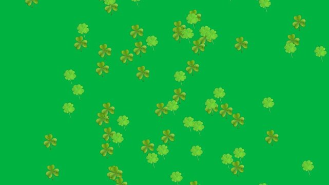 Green clover sprites entering from top, falling and rotating, clustering for transparent overlay
