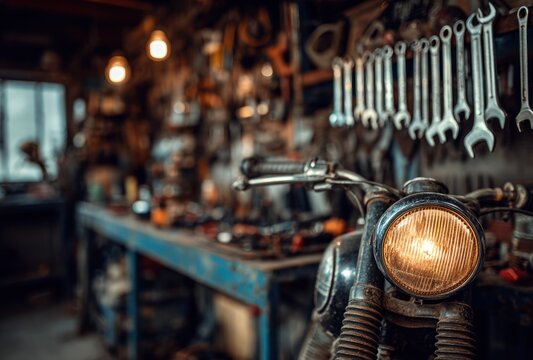 Vintage motorcycle with round headlight and black handlebars parked inside a workshop with tools hanging on the wall