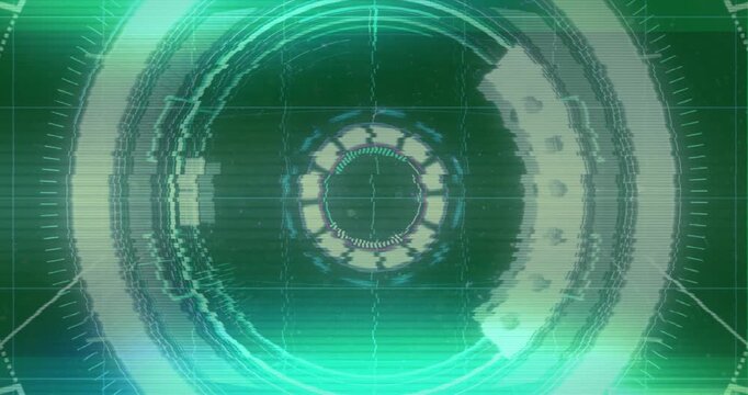 Animation of rotating safe lock and data processing on black screen with interference and flashes