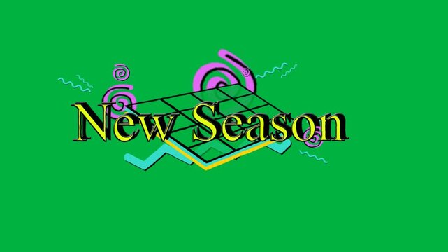 Animation of new season text in yellow letters and colorful graphics on white background