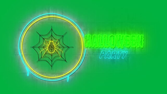 Animation of fluorescent halloween text and spiders web on white background