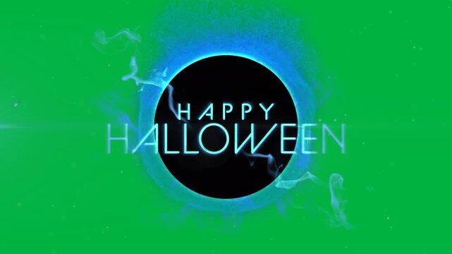 Animation of halloween text appearing over black circle and blue smoke on black background