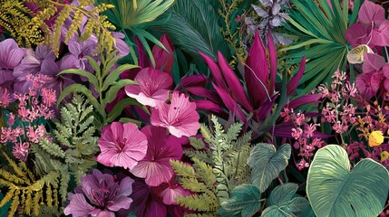 Naklejka premium Plants and blooms create a lively jungle look. Bright greens, purples, and pinks fill the scene, showing off detailed leaves and vivid colors.
