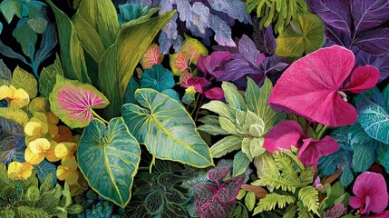 Naklejka premium Plants and blooms create a lively jungle look. Bright greens, purples, and pinks fill the scene, showing off detailed leaves and vivid colors.