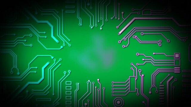 Animation of glowing green and pink computer circuit board on white background