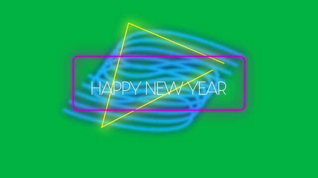 Animation of happy new year text in pink neon frame with blues stripes on white background