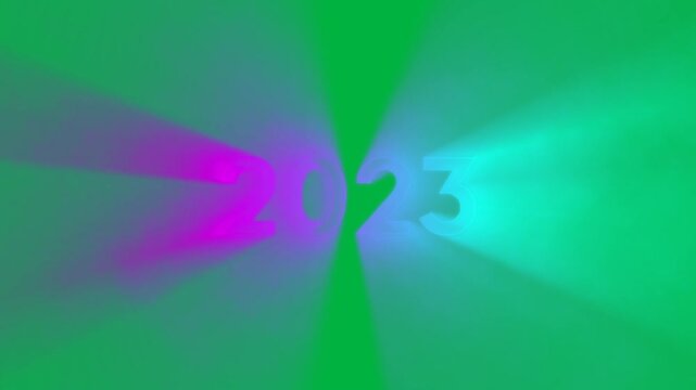 Animation of 2023 text in pink and green neon letters on white background