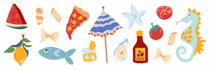 Set of summer stickers. Icons for tropical vacation. Seasonal elements collection. Fruits, lemon, tomato, pizza, pasta, drink, oyster, sauce, seahorse, watermelon,  fish, umbrella, beach accessories. © Sinta Alfa