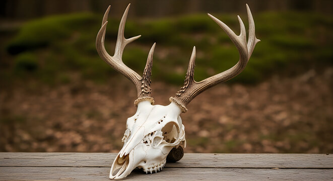 A weathered deer skull with impressive antlers displayed on a wooden surface in the wilderness illustration