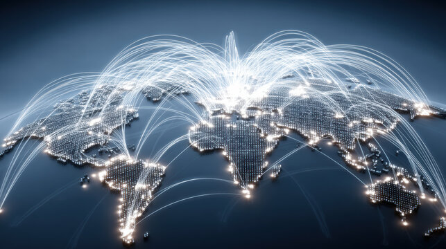 Global network connection, world map, digital communication, data transfer, glowing lines, blue gradient background, technology concept