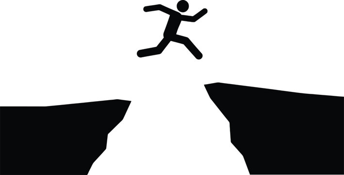 Stick figure leaping across a dangerous chasm black and white illustration