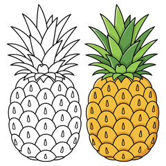 Obraz premium Pineapple tropical fruit in line art and color vector styles for a fun educational kids coloring page