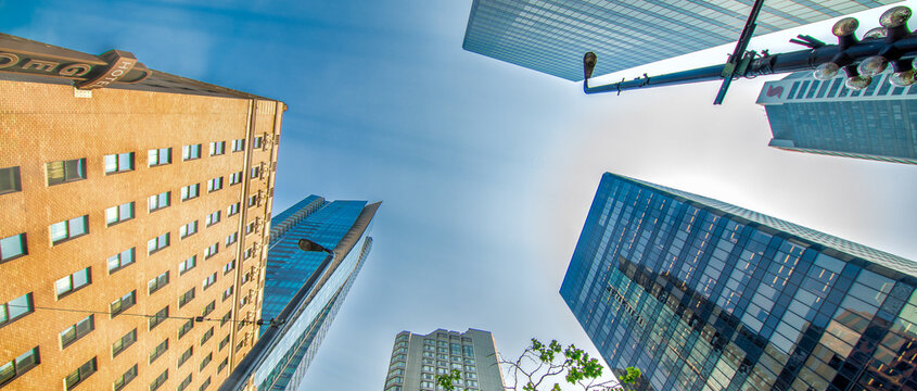 Vancouver, Canada - August 10, 2017: Skyward view of Downtown Vancouver in summer season, Canada.