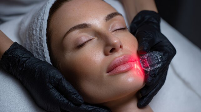 Young woman receiving facial treatment with red led light therapy, relaxed expression, close-animated movie of face showing smooth skin and peaceful ambiance