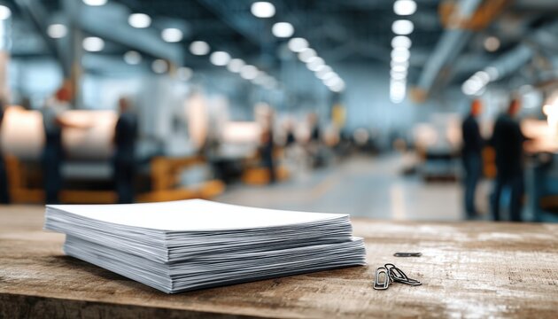 A table with a neatly stacked pile of printed papers secured with paper clips in an industrial office or warehouse setting