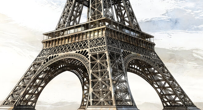 A detailed close up view of the iconic eiffel tower in paris with a striking yellow accent light illustration