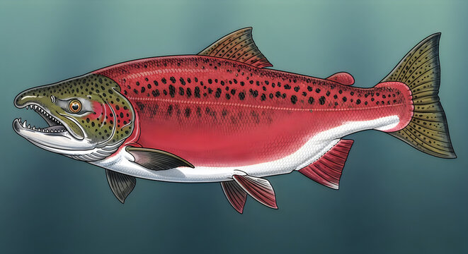 A detailed illustration of a vibrant red sockeye salmon swimming through the dark blue water illustration