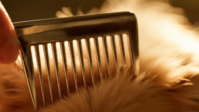 Grooming a dog combing fur