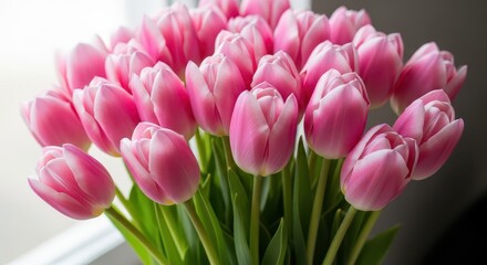 Obraz premium Close-up of fresh pink tulips in a white vase, soft natural light, spring floral arrangement