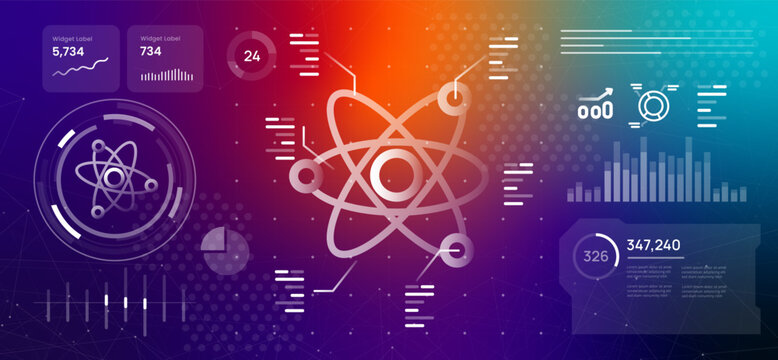 nuclear energy and scientific research concept atom structure high tech dashboard with physics data and laboratory experiments analytics for advanced technology and innovation science