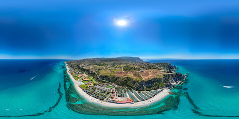 Fototapeta premium Aerial 360 seamless panorama of Calabria coastline between Tropea and Capo Vaticano viewpoint