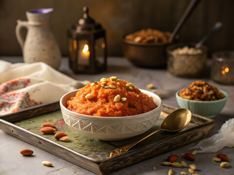 Gajar halwa rich texture  warm cinematic tone