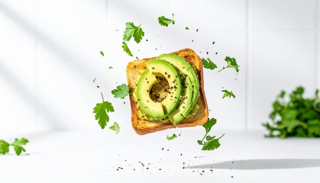 Avocado toast with fresh herbs and leafy garnish on white background