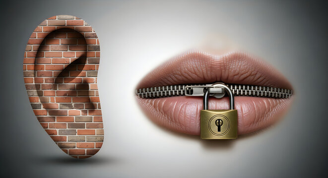 A symbolic illustration of a brick ear and a zippered mouth secured with a golden padlock closed. illustration