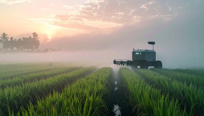 Naklejka premium Modern agricultural harvester working in misty rice field at sunrise