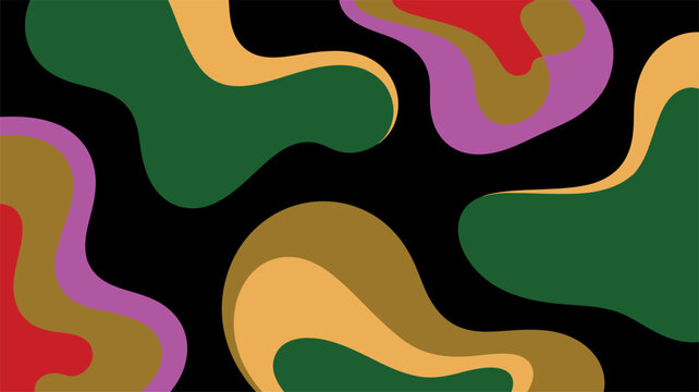 Abstract background, with organic fluid, shapes in green, gold, red, and, purple on a, black backdrop