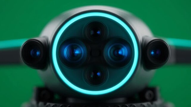 Close-up of a robots glowing blue eyes.